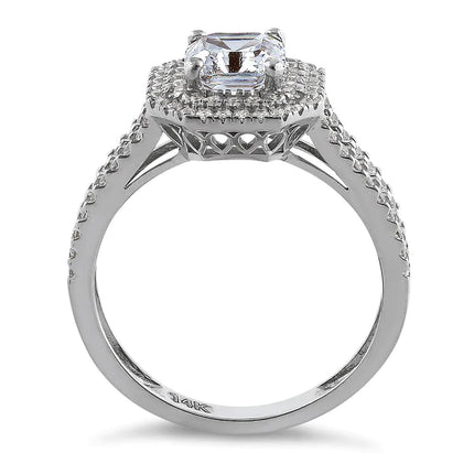 14K White Gold Asscher Cut Double Halo CZ Engagement Ring