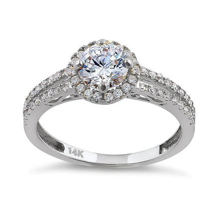 14K White Gold Round Cut Halo CZ Engagement Ring