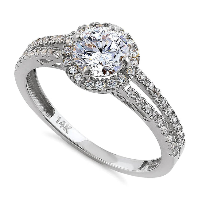 14K White Gold Round Cut Halo CZ Engagement Ring