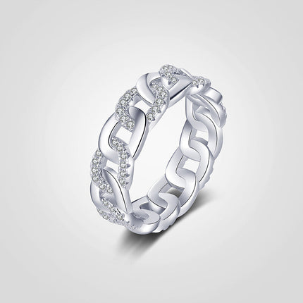 925 Sterling Silver Original Cuban Link Chain Ring For Women With Wave Design Hollow Zircon-cut Luxury Ins Style