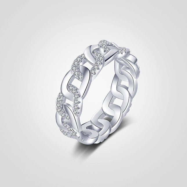925 Sterling Silver Original Cuban Link Chain Ring For Women With Wave Design Hollow Zircon-cut Luxury Ins Style