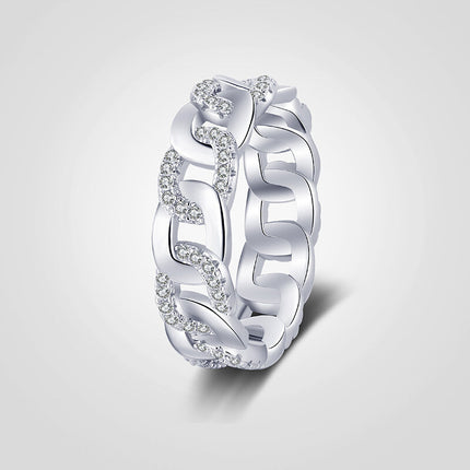 925 Sterling Silver Original Cuban Link Chain Ring For Women With Wave Design Hollow Zircon-cut Luxury Ins Style