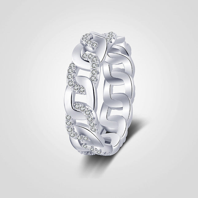 925 Sterling Silver Original Cuban Link Chain Ring For Women With Wave Design Hollow Zircon-cut Luxury Ins Style