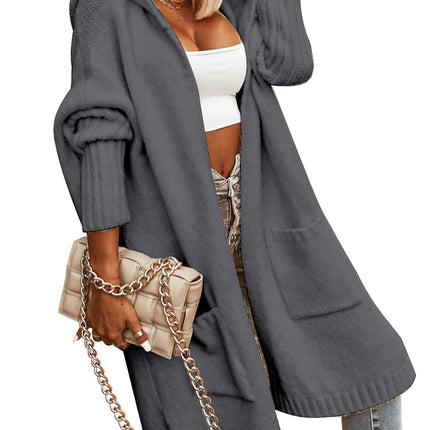 Ladies Hooded Solid Color Mid-length Knitwear Fashion Casual Pocket Long Sleeve Trench Coat