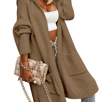 Ladies Hooded Solid Color Mid-length Knitwear Fashion Casual Pocket Long Sleeve Trench Coat