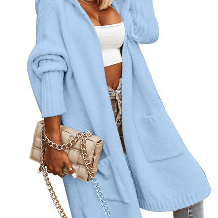Ladies Hooded Solid Color Mid-length Knitwear Fashion Casual Pocket Long Sleeve Trench Coat