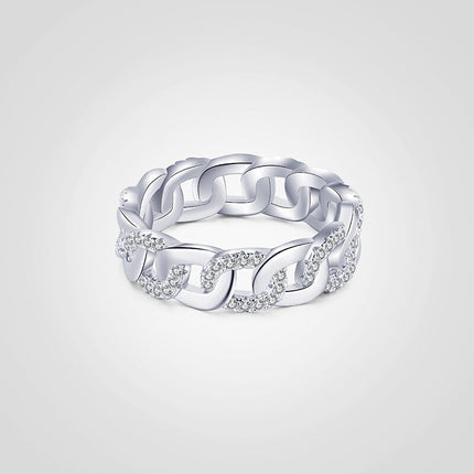 925 Sterling Silver Original Cuban Link Chain Ring For Women With Wave Design Hollow Zircon-cut Luxury Ins Style