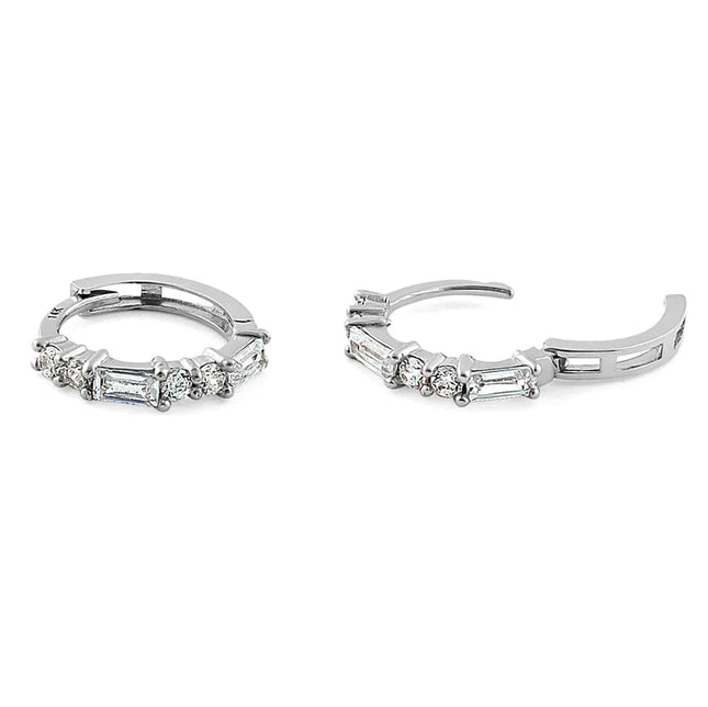 Solid 14K White Gold Round & Baguette Straight CZ Hoop Earrings