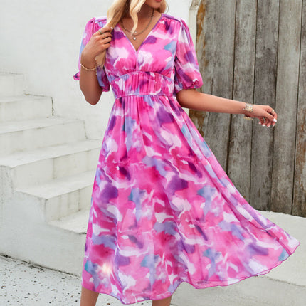 Elegant printed waist V-neck long dress