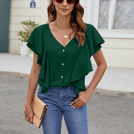 Ruffled V-Neck Short Sleeve Top