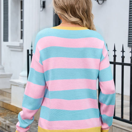 Striped Round Neck Dropped Shoulder Sweater