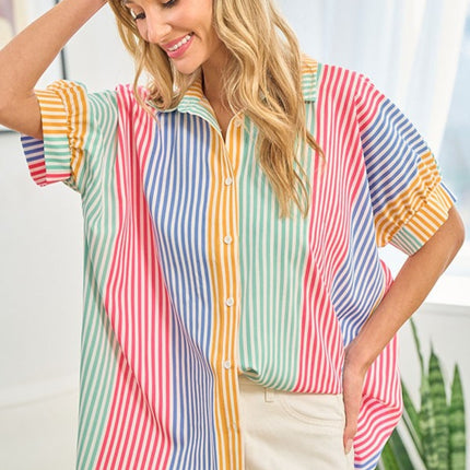 First Love Full Size Striped Button Down Short Sleeve Shirt