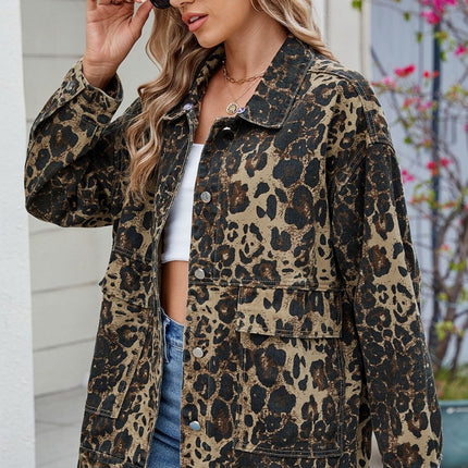 Leopard Button Up Drop Shoulder Denim Jacket