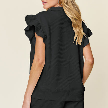 Double Take Full Size Texture Flounce Sleeve Top and Drawstring Shorts Set - Vickie Lynn's