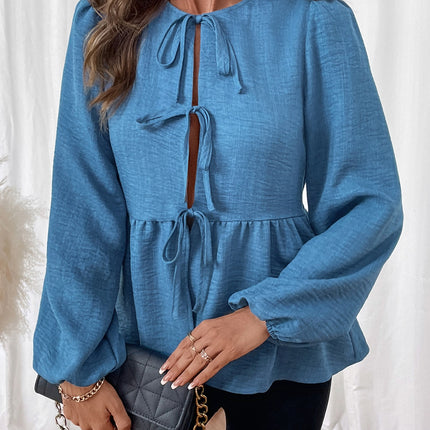 Peplum Tie Neck Balloon Sleeve Blouse