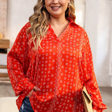 Plus Size Printed Johnny Collar Long Sleeve Blouse