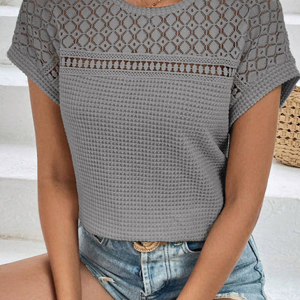 Waffle-Knit Round Neck Short Sleeve Top