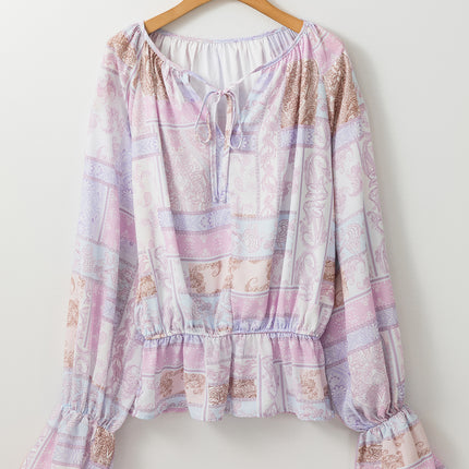 Printed Tie Neck Flounce Sleeve Blouse