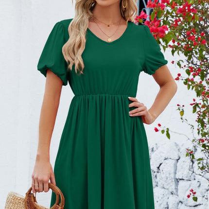 V-Neck Balloon Short Sleeve Dress