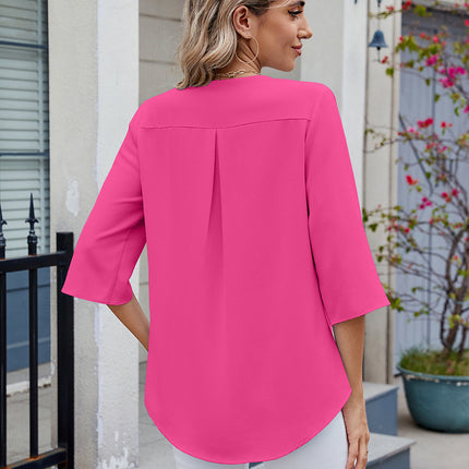 Ruffled V-Neck Three-Quarter Sleeve Blouse