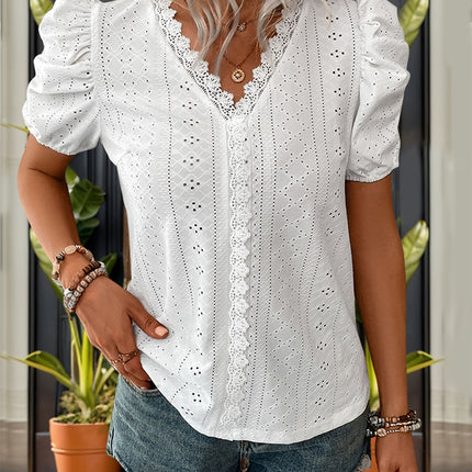 Lace Detail Eyelet V-Neck Short Sleeve Blouse