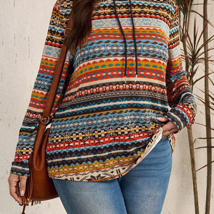 Plus Size Drawstring Printed Mock Neck Long Sleeve Top