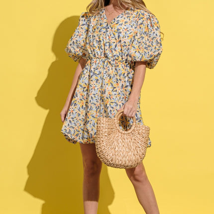 And The Why Full Size Floral Surplice Puff Sleeve Dress