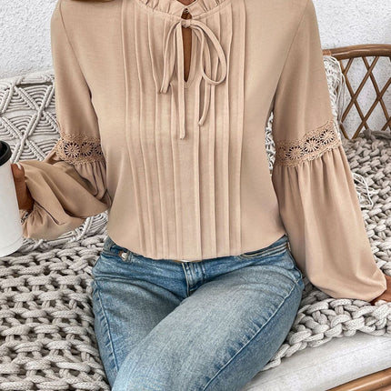 Perfee Frill Tie Neck Long Sleeve Blouse