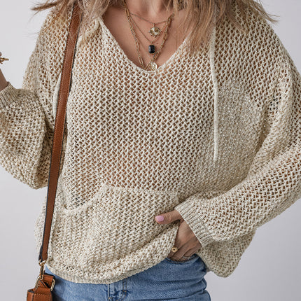 Openwork Dropped Shoulder Hooded Knit Top - Vickie Lynn's