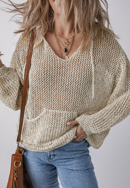 Openwork Dropped Shoulder Hooded Knit Top - Vickie Lynn's