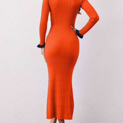 Contrast Trim Round Neck Long Sleeve Sweater Dress