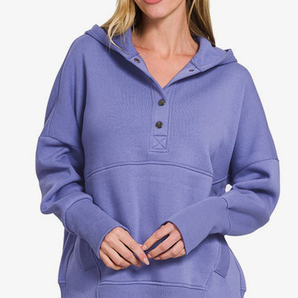 Zenana Half Snap Long Sleeve Hoodie with Kangaroo Pocket