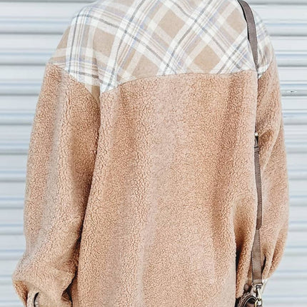 Pocketed Plaid Collared Neck Sherpa Jacket