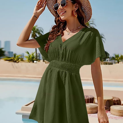 Smocked V-Neck Short Sleeve Dress