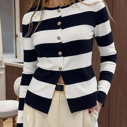 Striped Button-Down Knit Cardigan