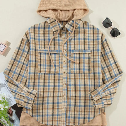 Drawstring Plaid Button Up Hooded Shacket