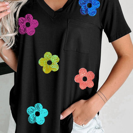 Sequin Flower V-Neck Short Sleeve T-Shirt