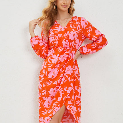 Printed Surplice Long Sleeve Midi Dress