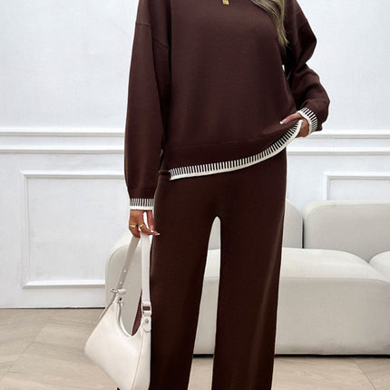 Devine Round Neck Dropped Shoulder Top and Pants Sweater Set