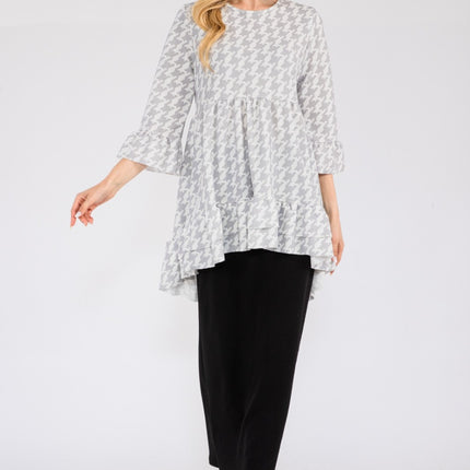 Celeste Full Size Houndstooth Flounce Sleeve High-Low Top