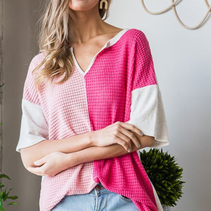 Heimish Full Size Contrast Waffle-Knit Half Sleeve Blouse
