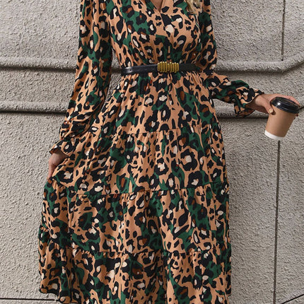 Leopard Notched Flounce Sleeve Midi Dress