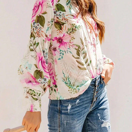 Printed Round Neck Lantern Sleeve Blouse