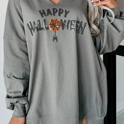 Sequin Letter Graphic Notched Long Sleeve Sweatshirt