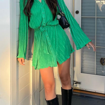 Tied Button Up Long Sleeve Dress