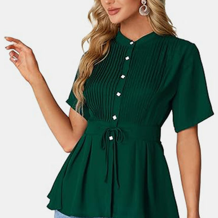 Tied Round Neck Short Sleeve Blouse