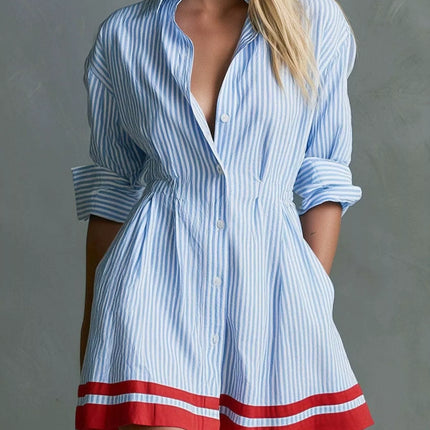 Striped Button-Down Shirt Dress with Contrast Hem