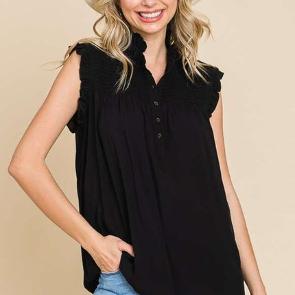 Culture Code Full Size Frill Edge Smocked Sleeveless Top