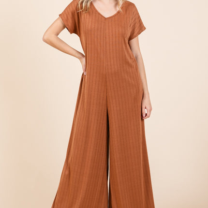 BOMBOM Ribbed Short Sleeve Wide Leg Jumpsuit