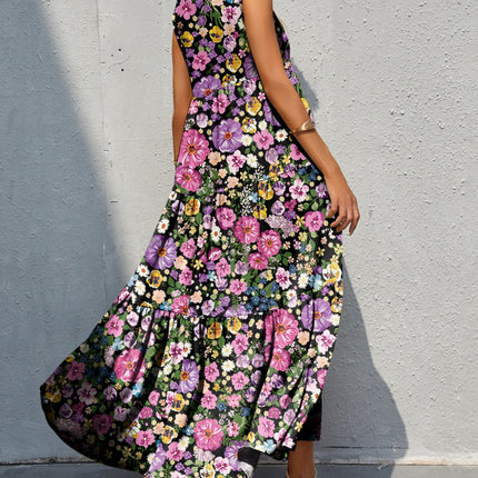 Tiered Printed V-Neck Sleeveless Dress